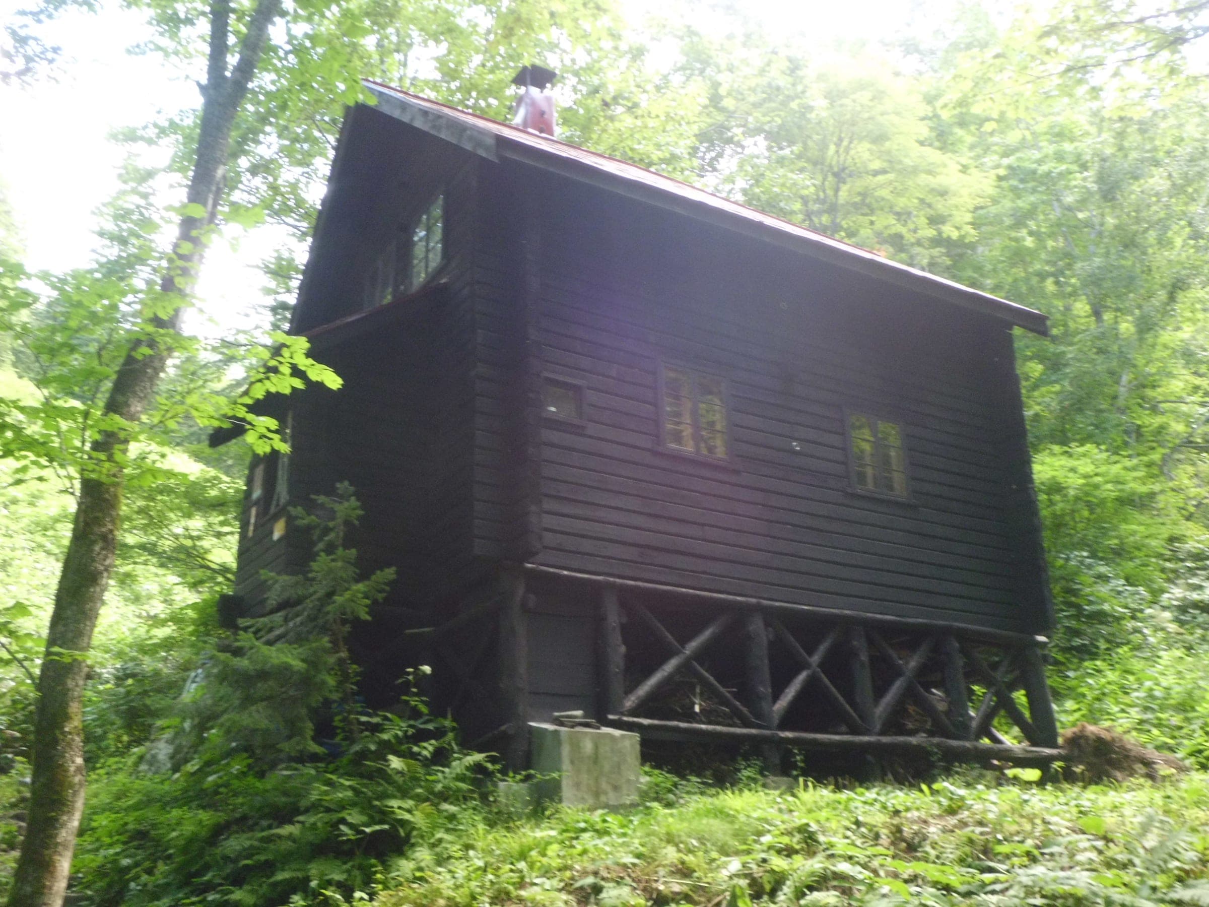 The dark timber Hiyamizu Hut stands in green forest on the climb to Sapporo-dake