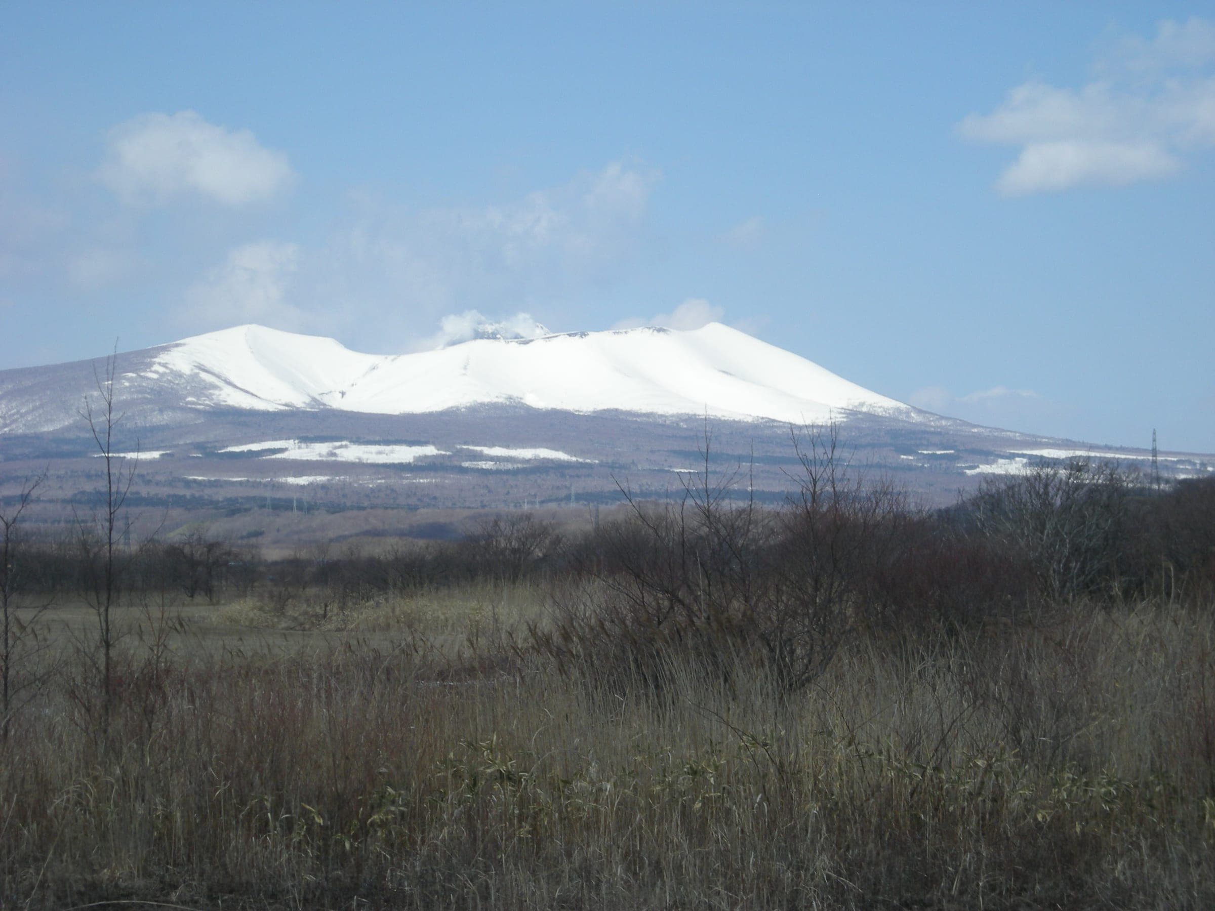 Snow covers the broad summit of Tarumae-zan above bare forest in early spring