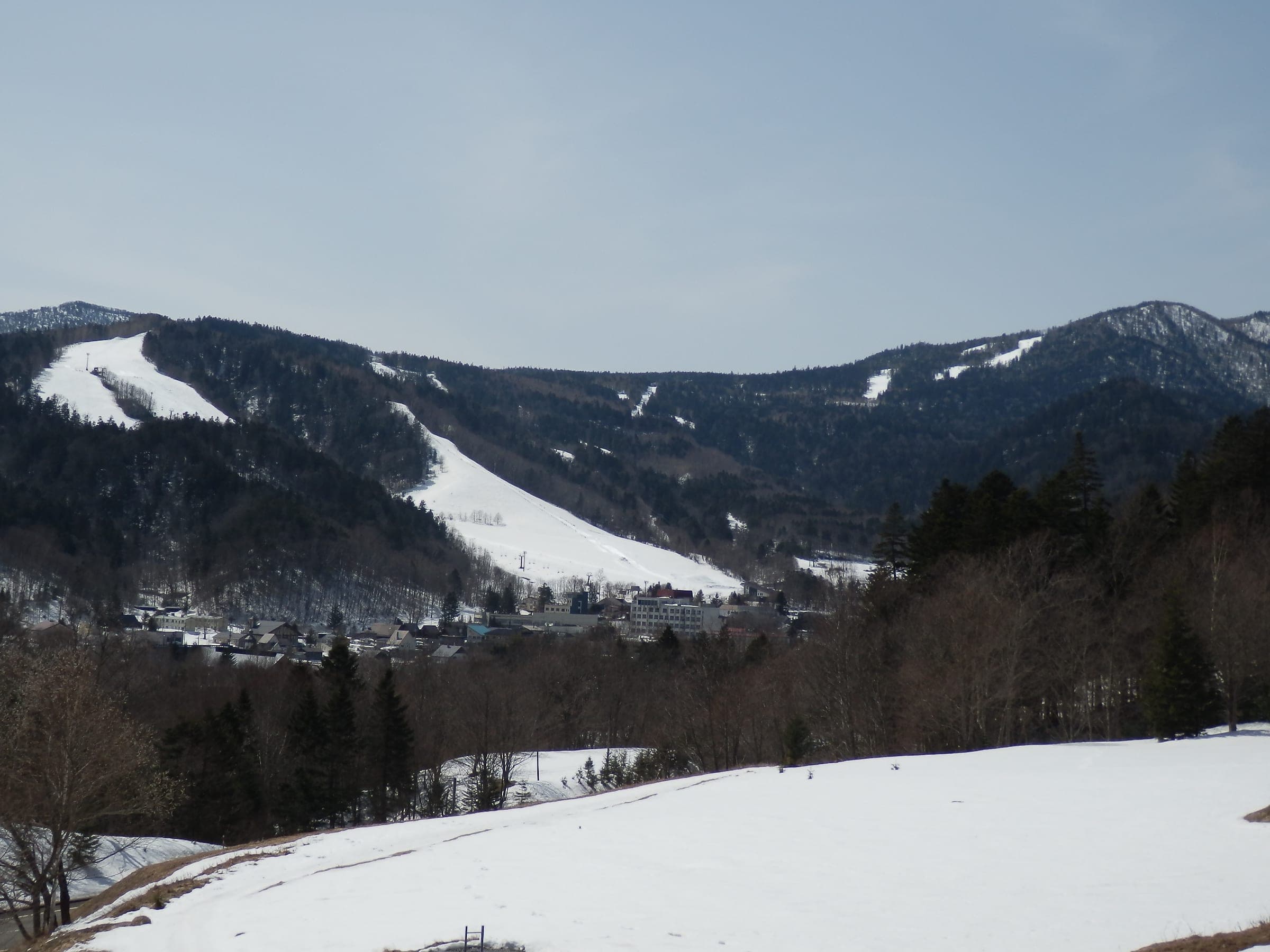 The Nukabira village ski hill rises above forest and snow in late winter