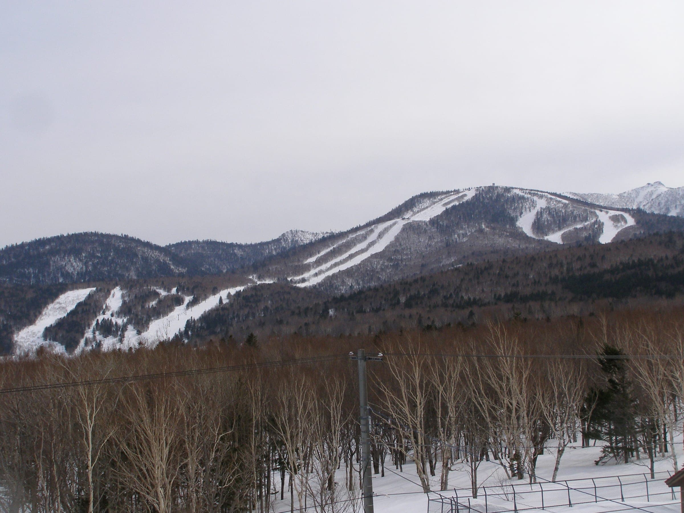 The old Kita-Taisetsu ski runs stripe a snowy ridge above the forest near Shirataki