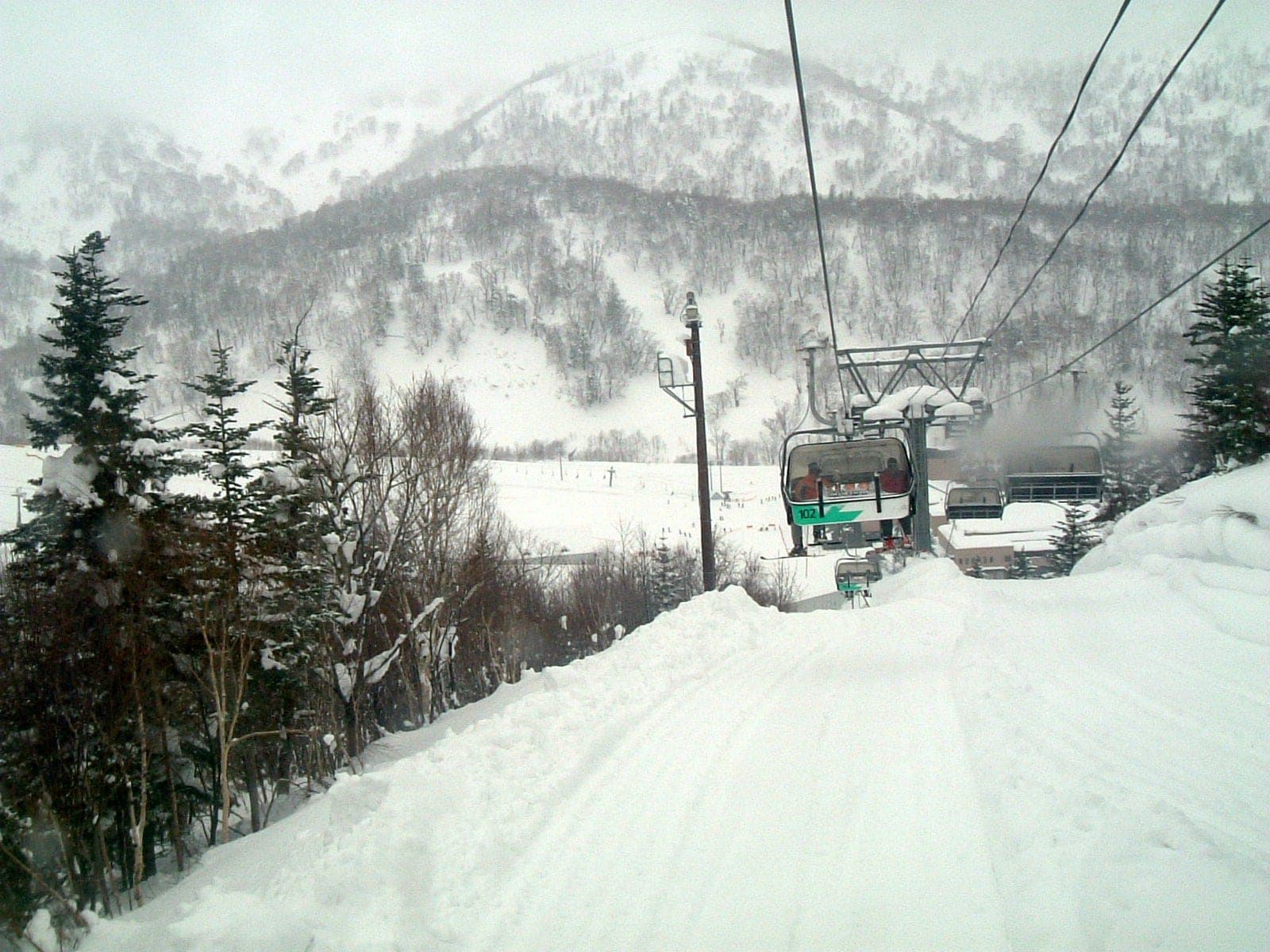 A chairlift rises past snowy firs toward the white mountains of Kiroro on an overcast day