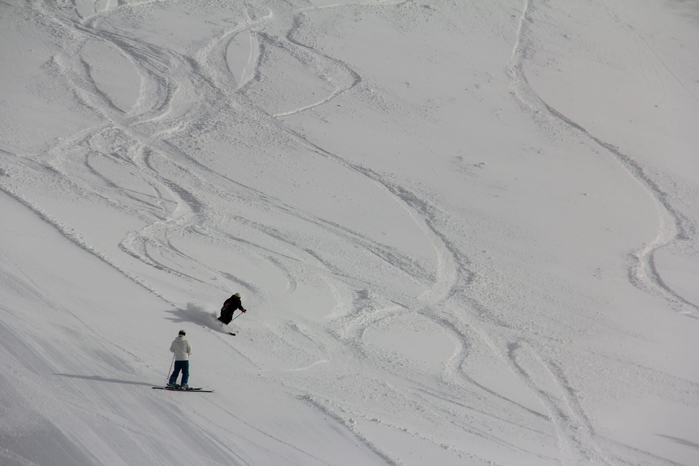 Two riders cross a slope of carved powder tracks at Niseko Annupuri