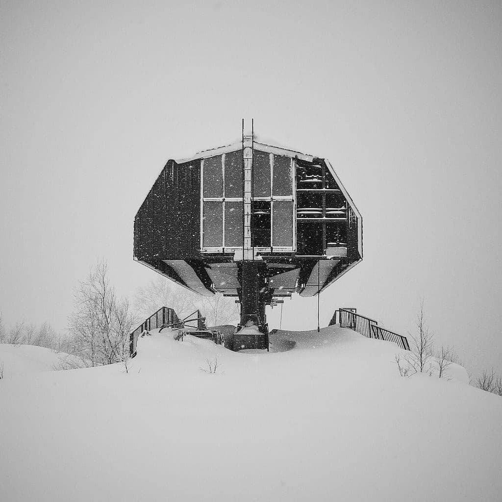 A snow-covered octagonal hut stands on a white slope at Sapporo Teine