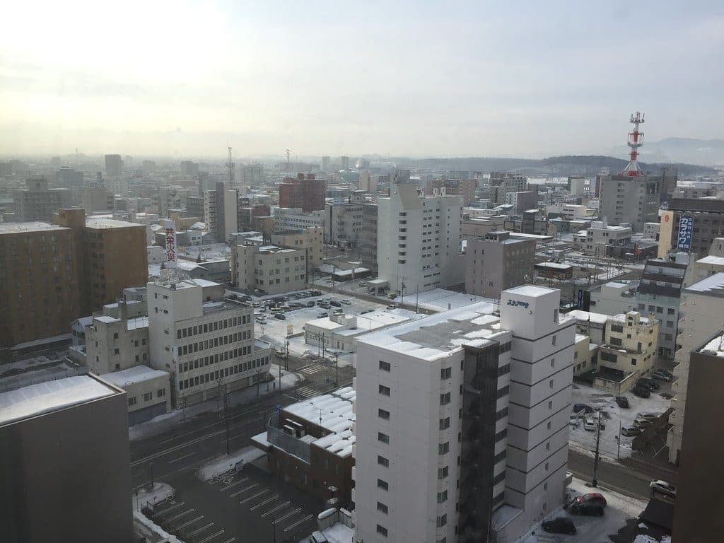 Snow dusts the rooftops of central Asahikawa in the view from an upper floor of OMO7 Asahikawa