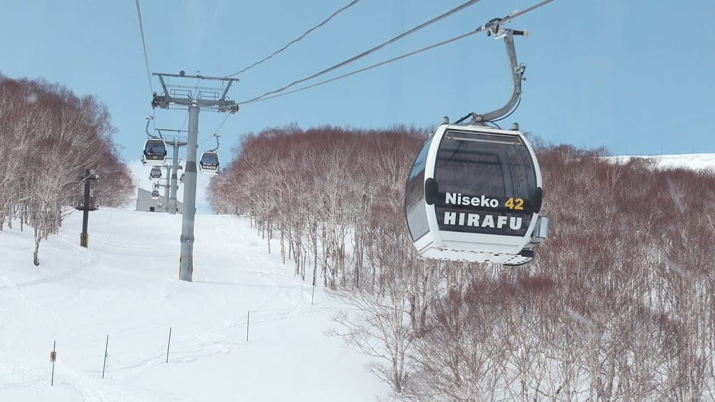 A Hirafu gondola cabin climbs over snowy birch trees on the Grand Hirafu slopes