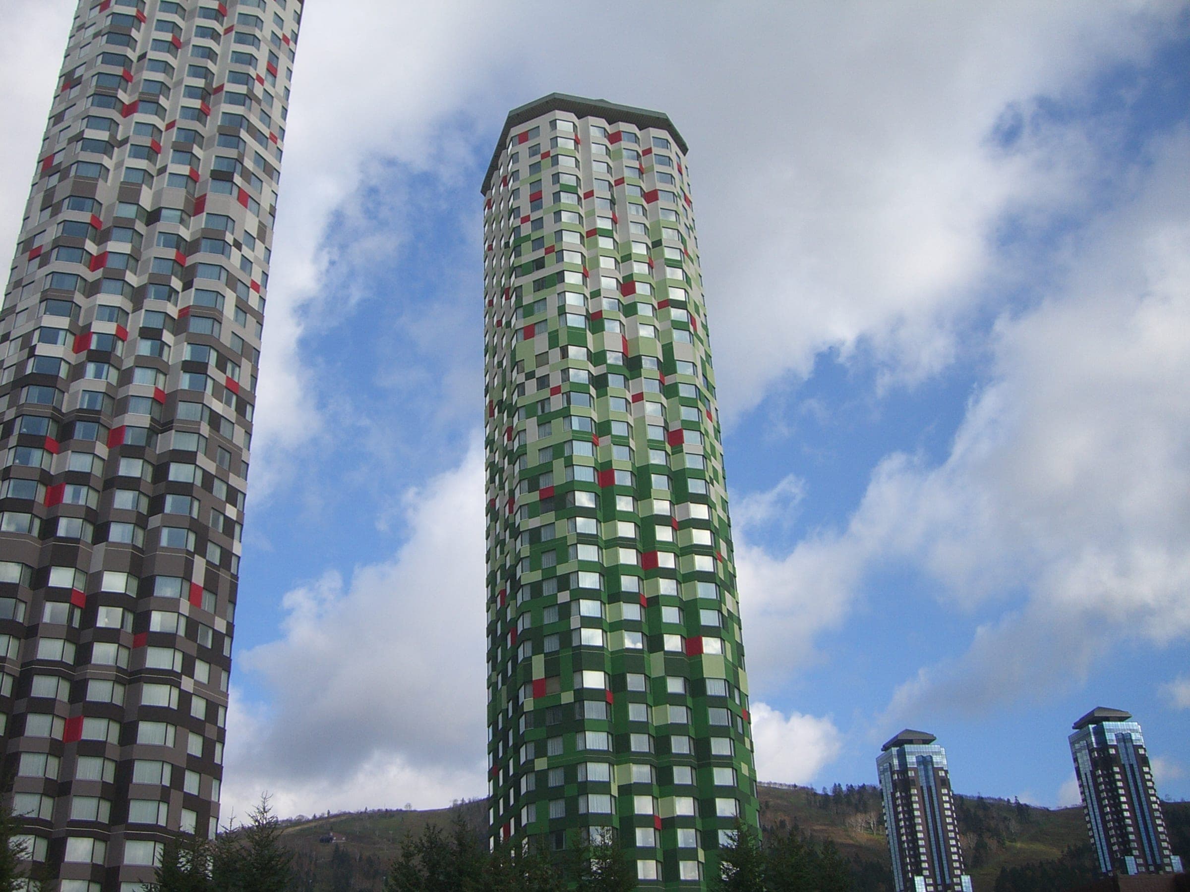 Close view of the checkered facade of The Tower at Tomamu