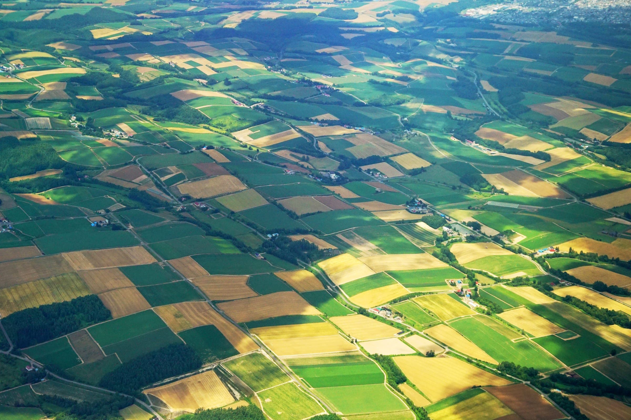 The patchwork of farm fields around Biei seen from the air