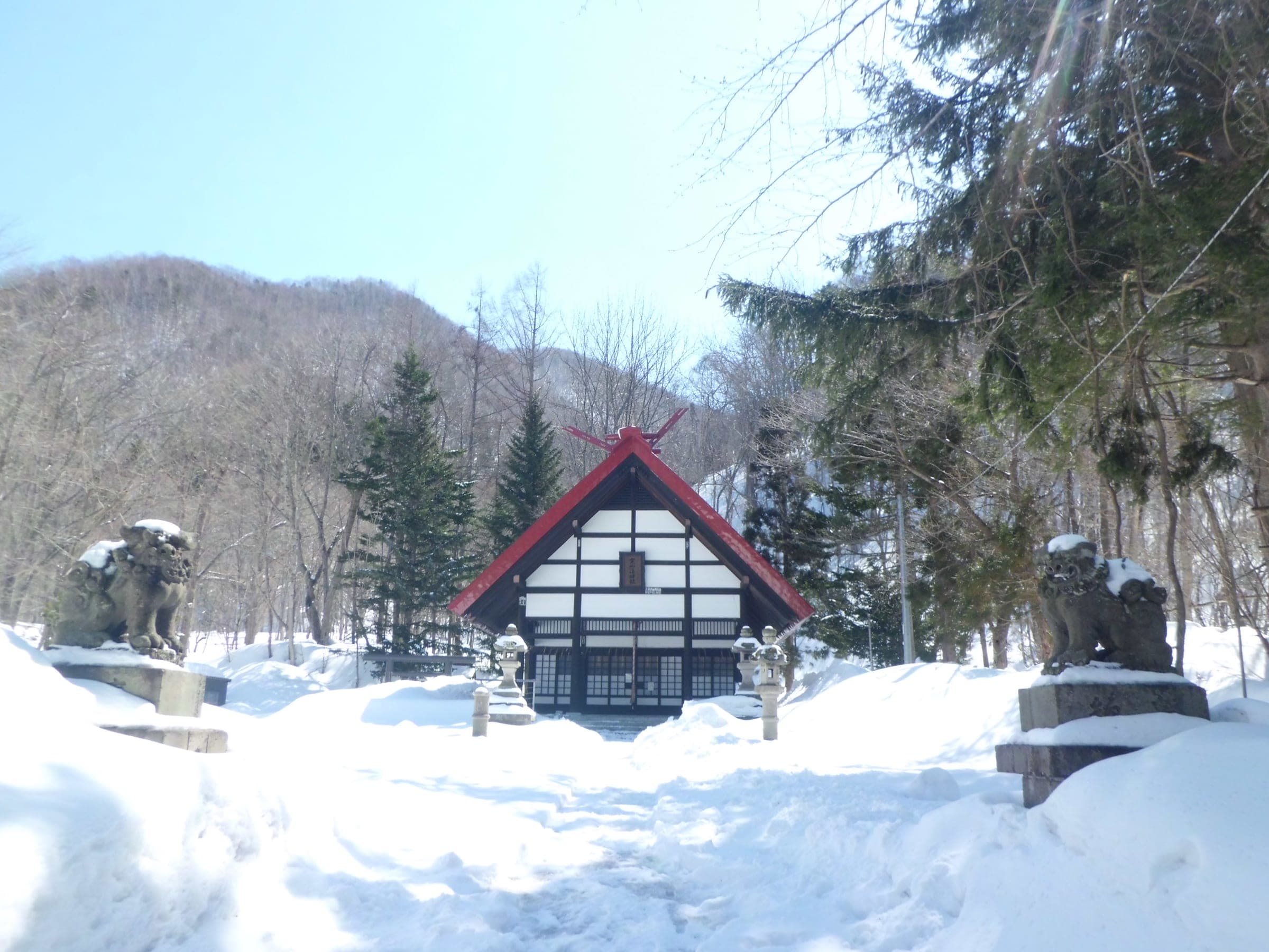The gabled hall of Jozankei Shrine stands among snow-laden firs
