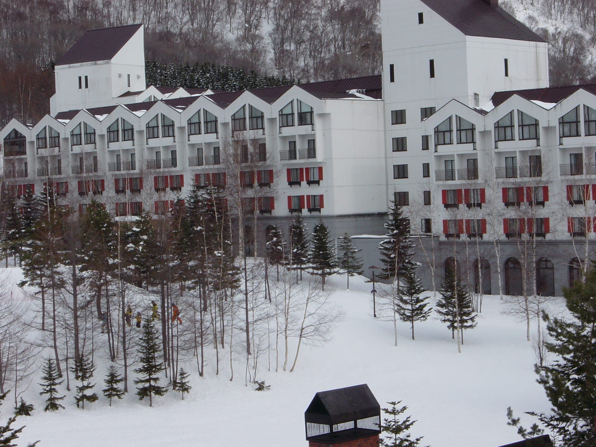 The white wings of Rusutsu Resort Hotel stand above snowy forest in Rusutsu