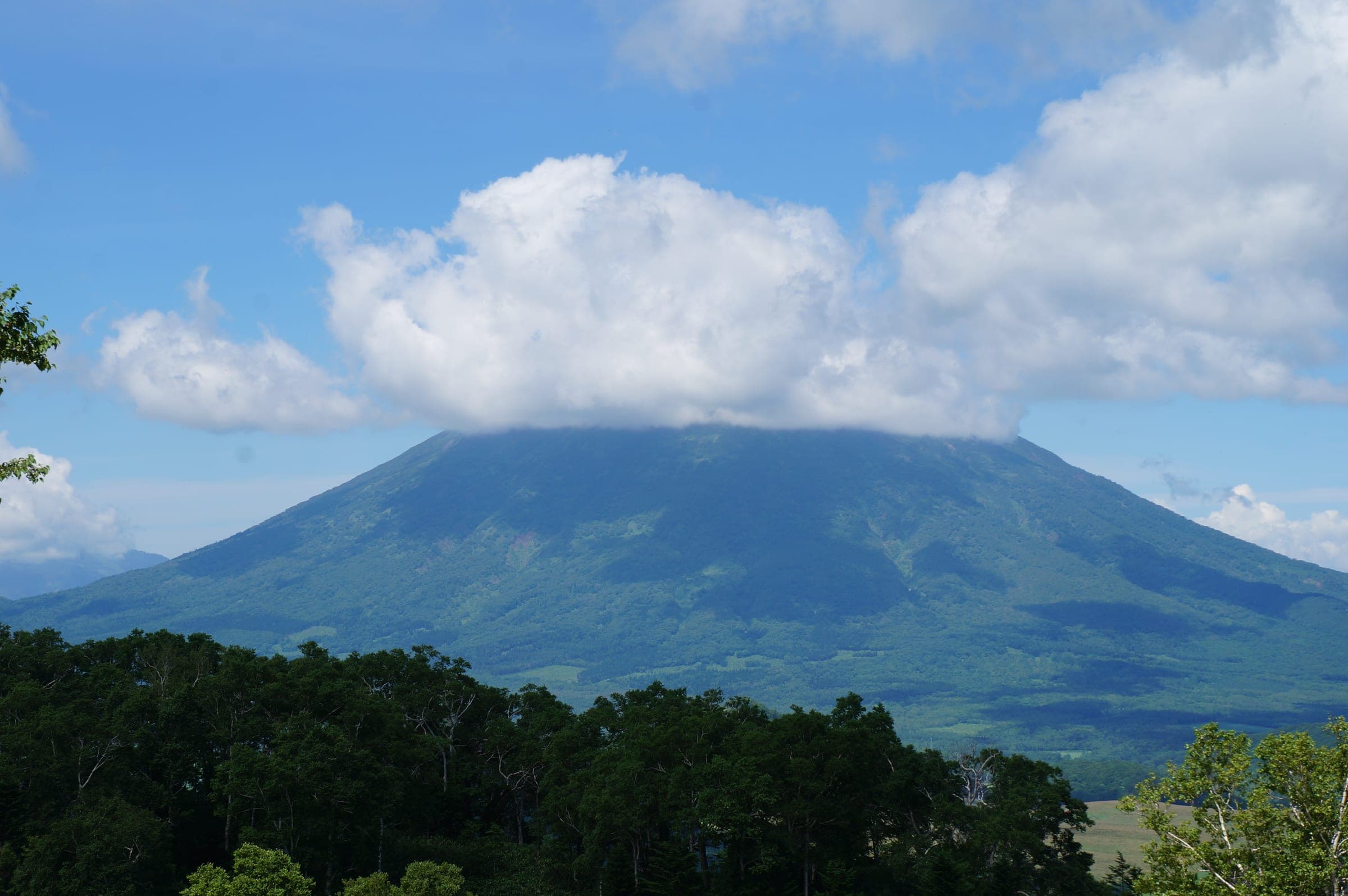 Cloud caps Mount Yotei above the forests around Rusutsu
