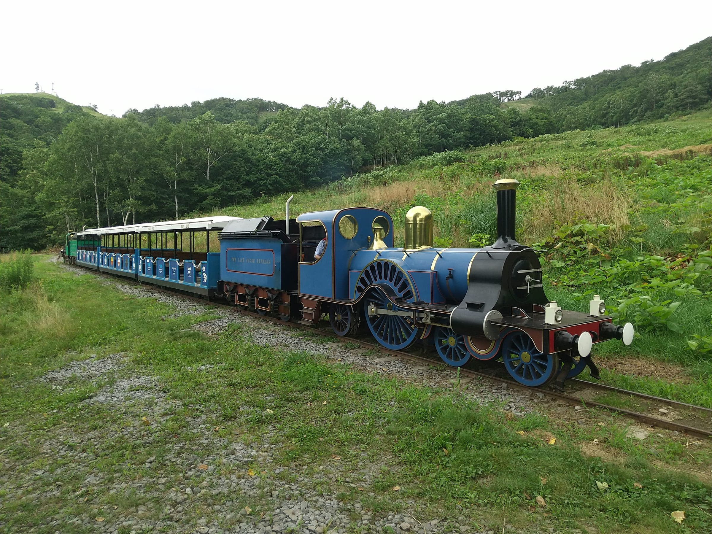 A vintage blue steam train runs on the grass at Rusutsu Resort