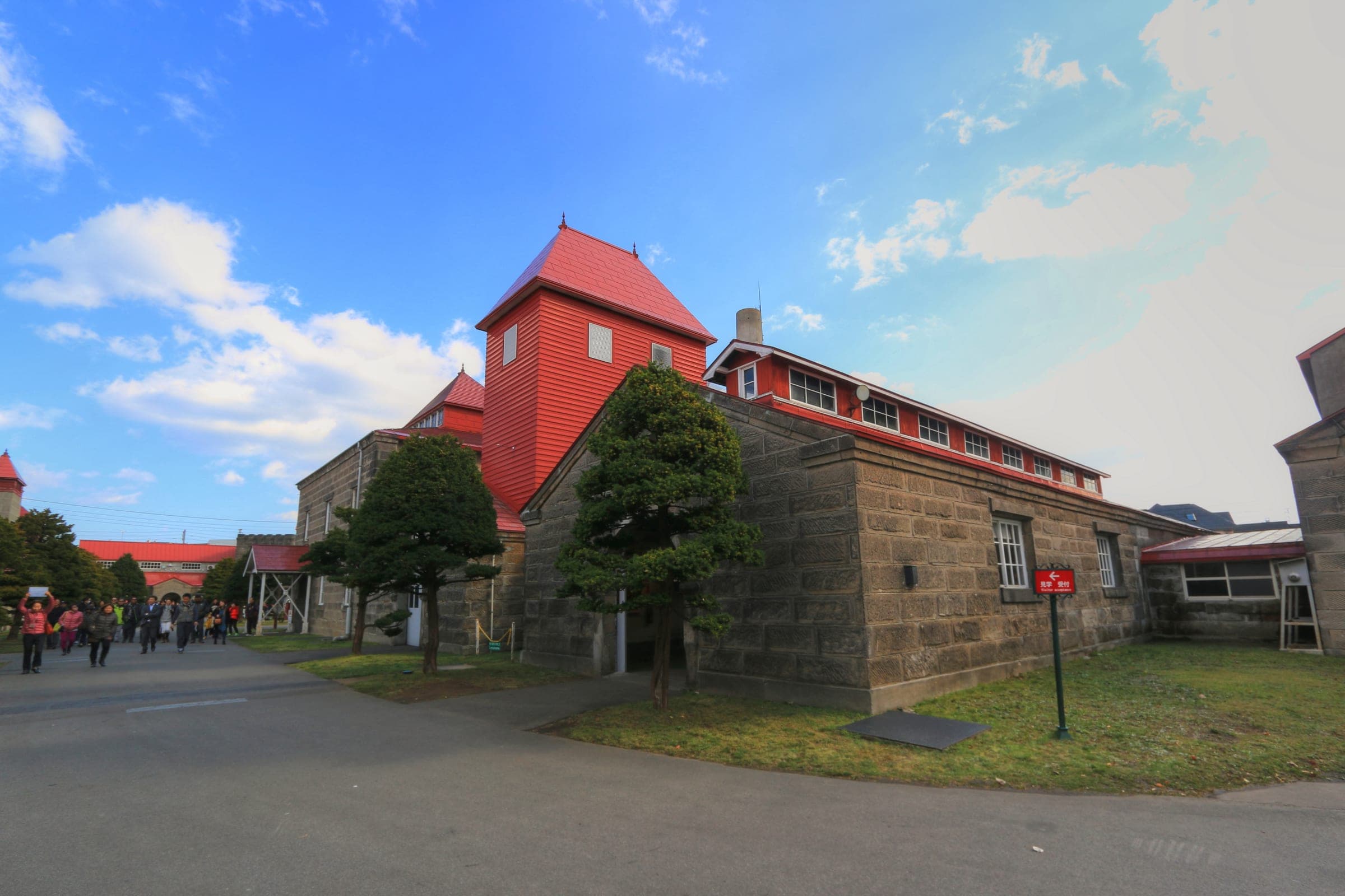 Red pagoda roofs top the kiln tower at the Nikka distillery in Yoichi