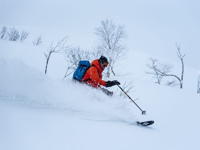 A skier in an orange jacket plunges through powder on Karifuri-dake