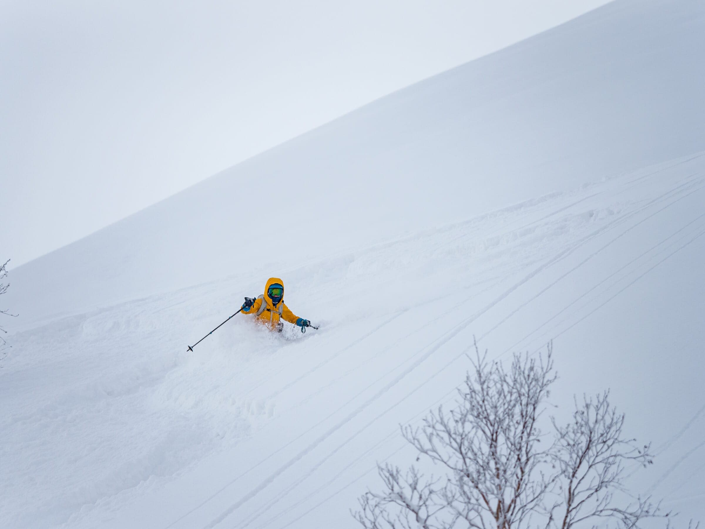 A skier in yellow turns through fresh powder below the NE chute on Iwaonupuri