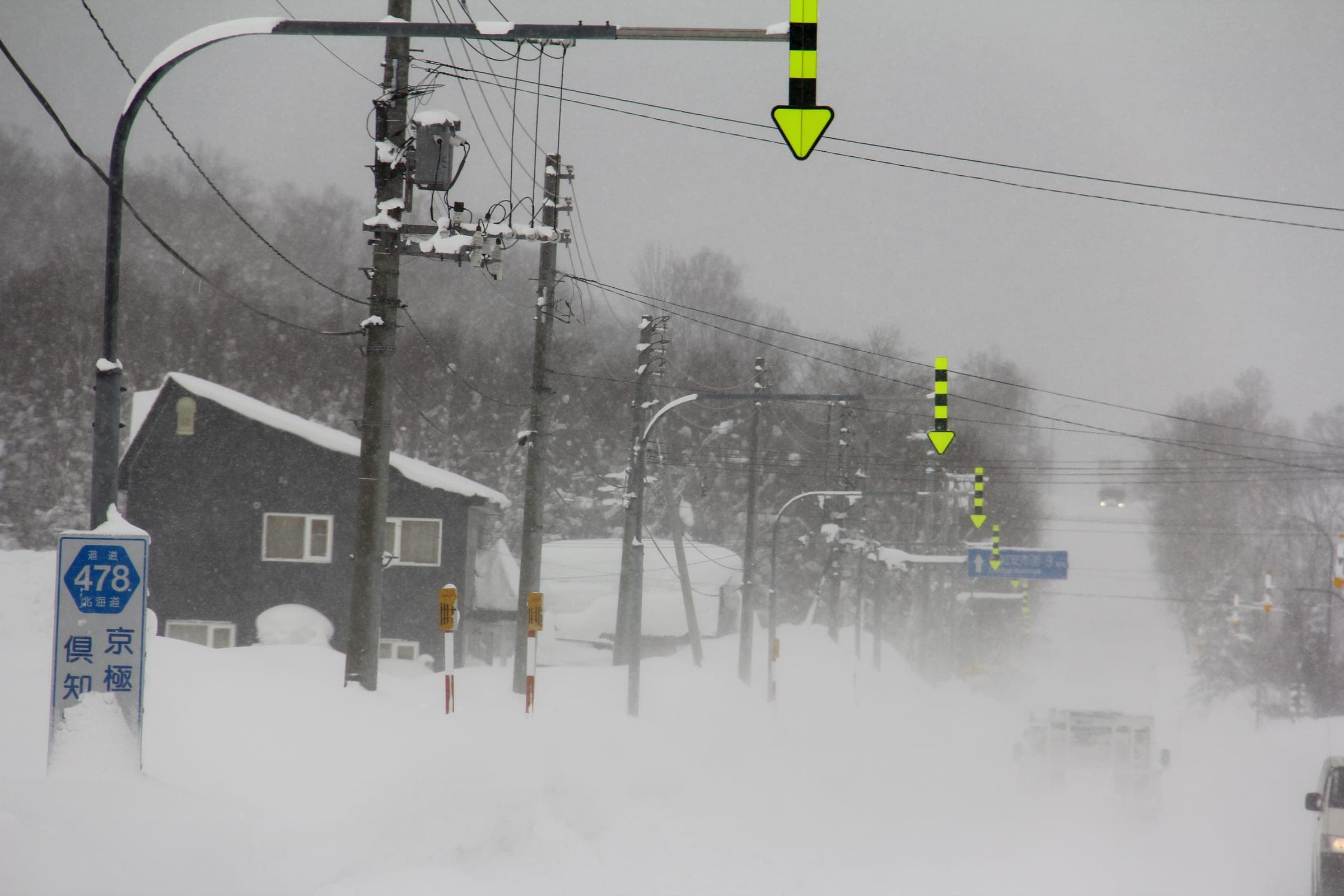 Snow blows across the road toward Niseko Annupuri past a traffic signal