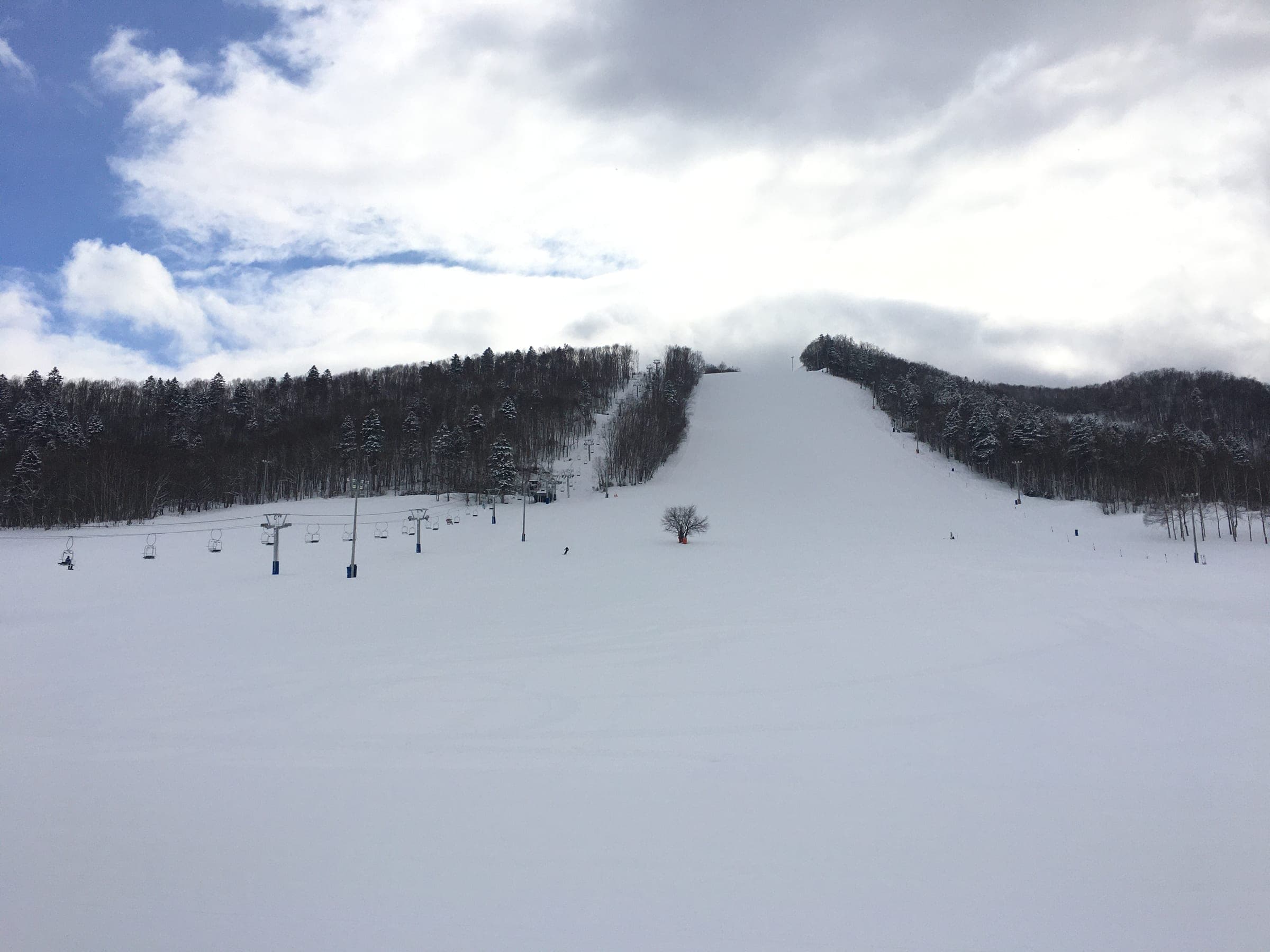 Engaru Rock Valley's main run climbs between forested ridges beside the chairlift under fresh snow
