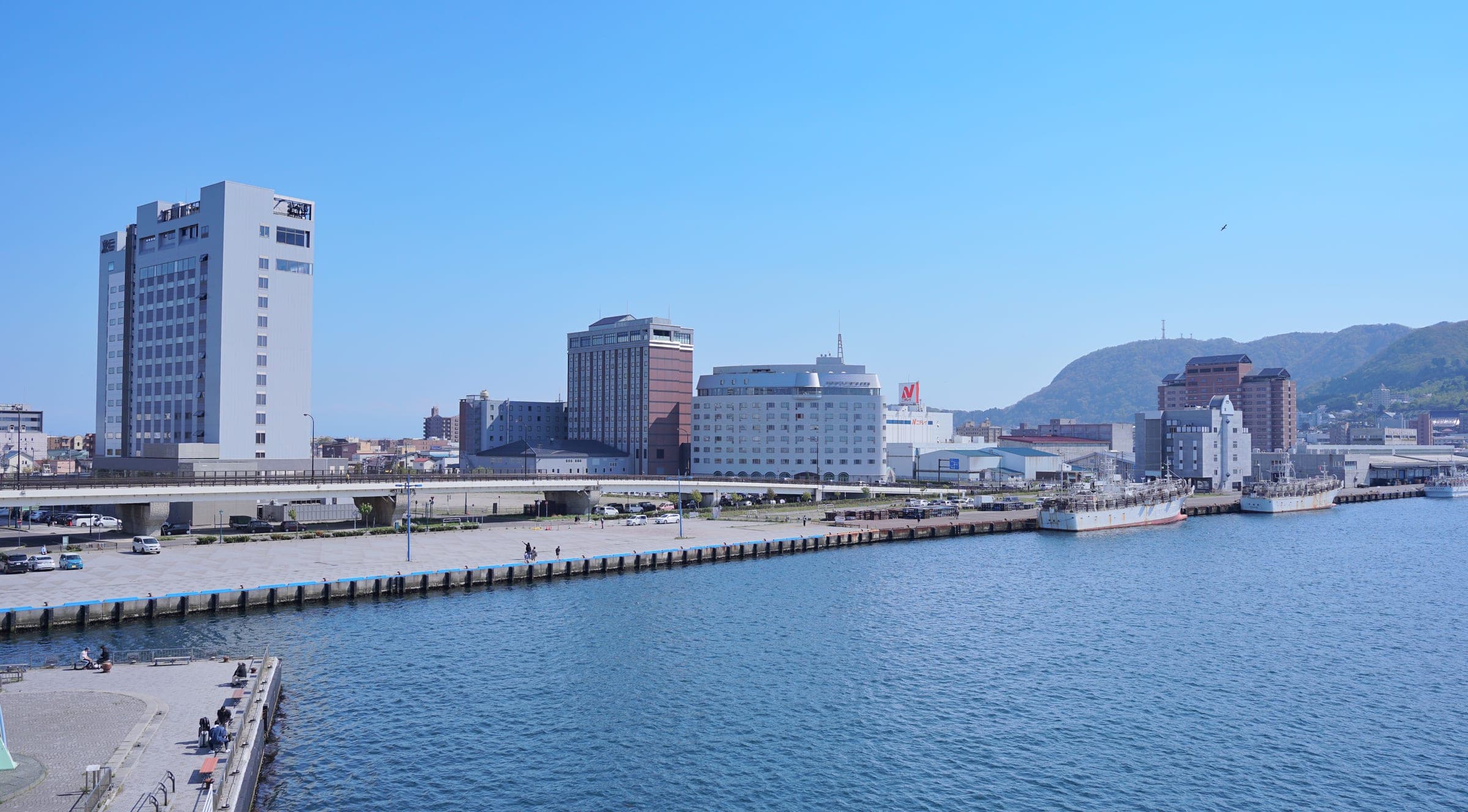 Hakodate's bay area from the water, with La Vista Hakodate Bay among the waterfront hotels