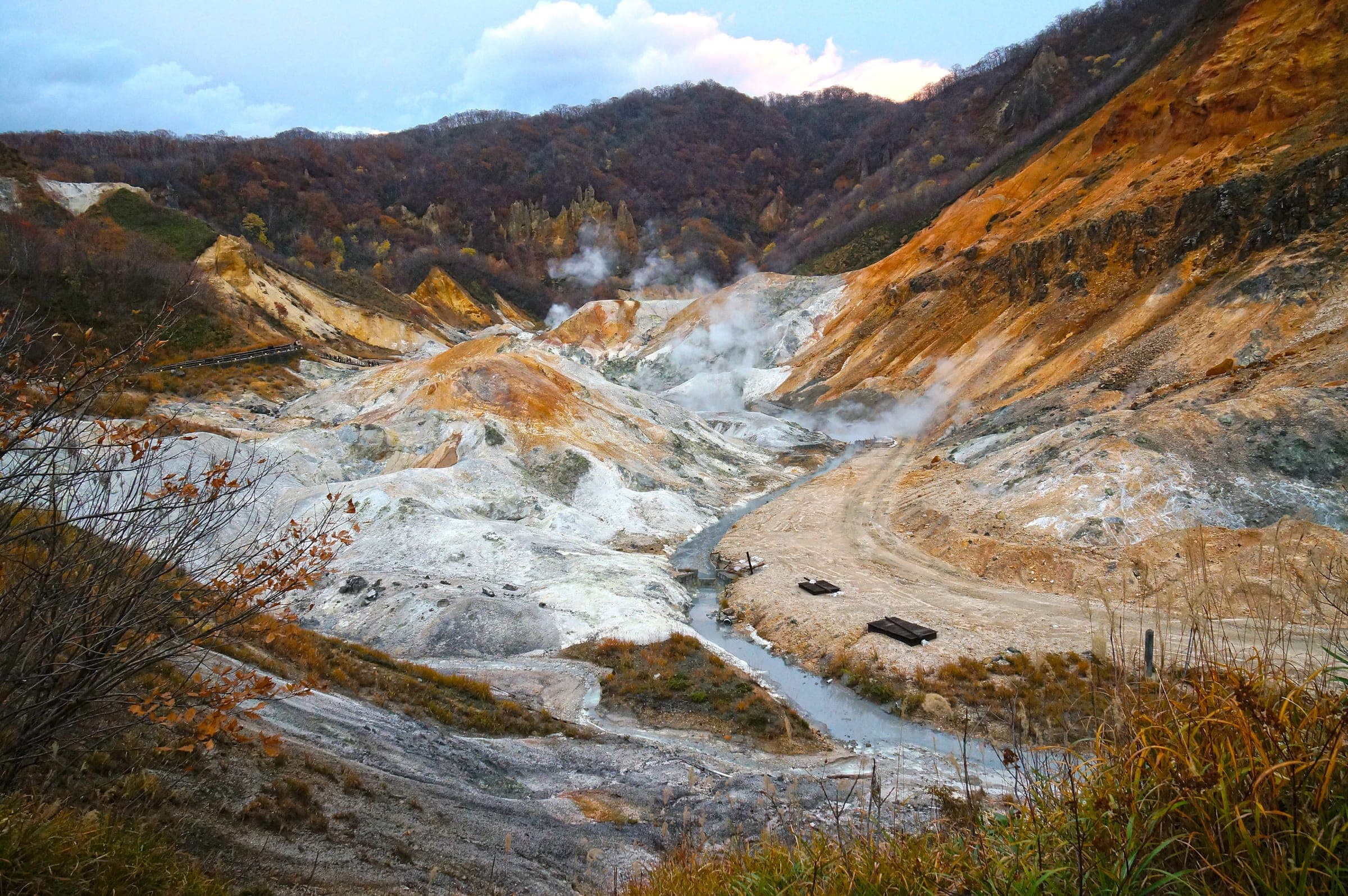 The white and orange crater floor of Jigokudani in Noboribetsu Onsen ringed by autumn forest